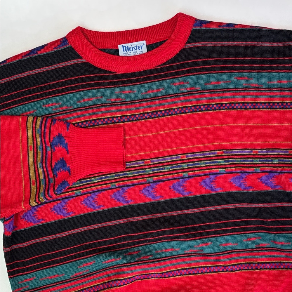 Vintage Meister Sweater Red Purple‎ Wool Fair Isle Knit Hong Kong Ski Men Medium